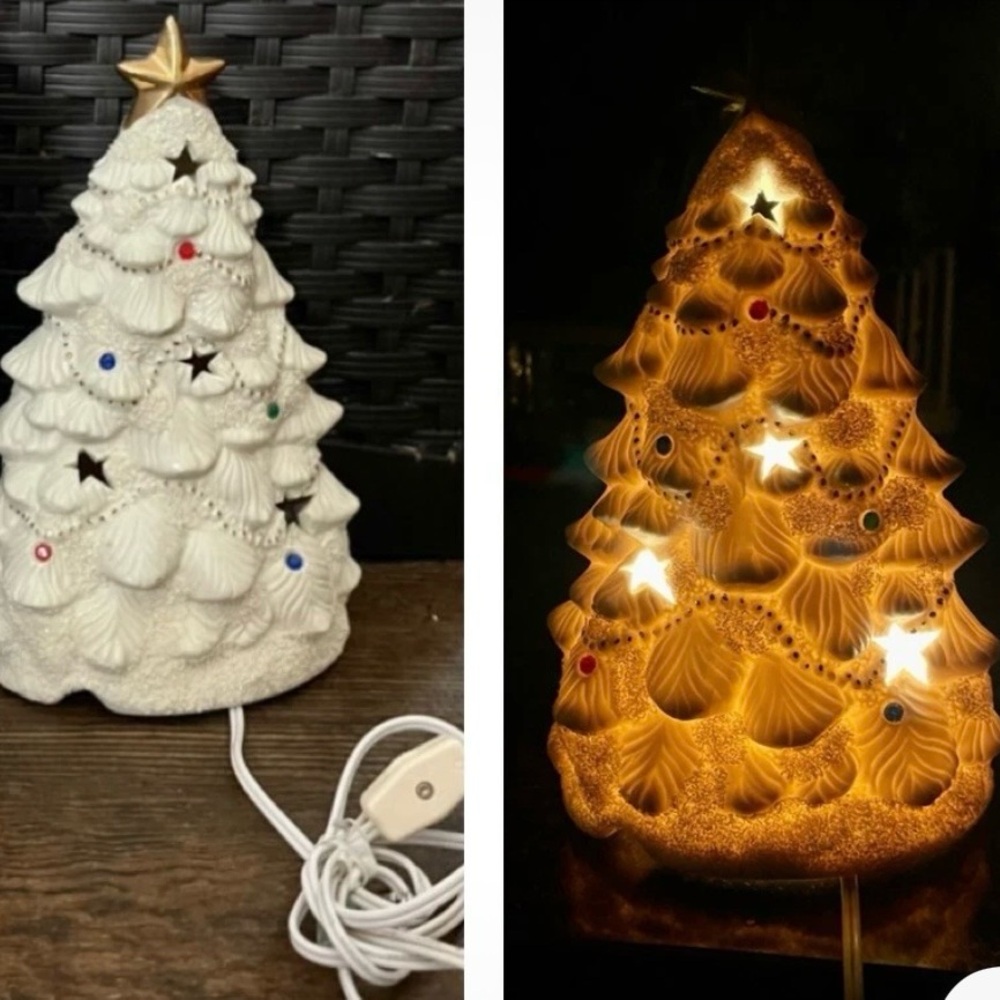 Ivory Porcelain Light Up Christmas Tree Lamp Gold Trim JC Penny Home